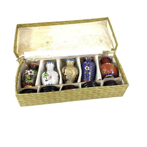 Set Of 5 Handcrafted Cloisonné Miniature Vases With Green Pattern Box - Picture 1 of 10